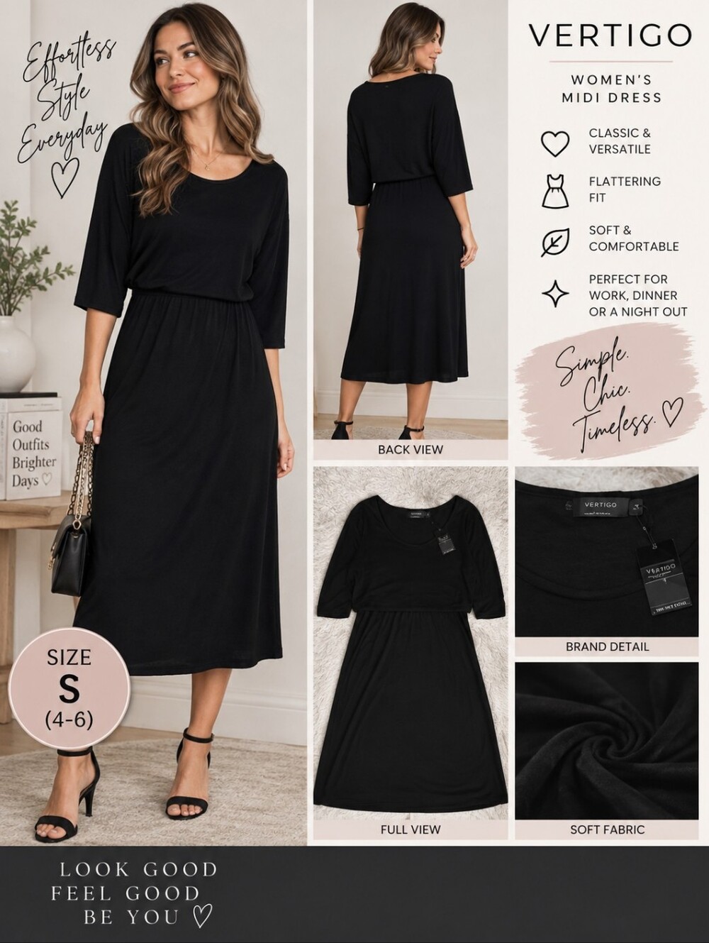 New vertigo women's size small black midi dress #19